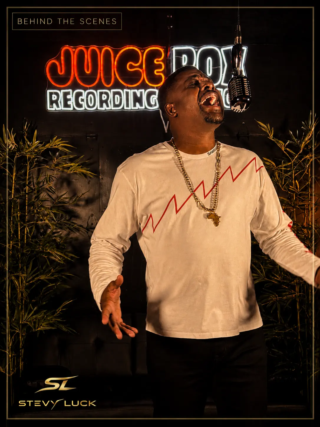 Behind the scenes photo of Stevy Luck recording at Juice Box Studios